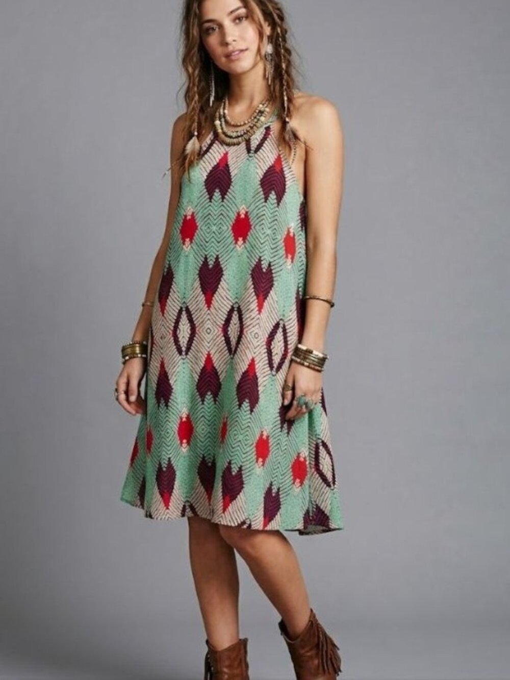 Free People M Tribal Print Swing Dress Green Red Geometric Print Open Back Racer